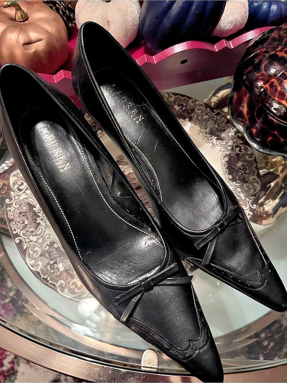 Lauren Ralph Lauren Pricila Leather Bow Pump Black Pointed-Toe size 10
